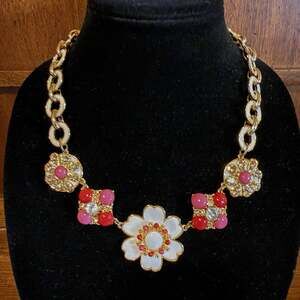 Talbots Beautiful Blooms Flower Necklace Gold Tone Metal Enamel Rhinestones 20”